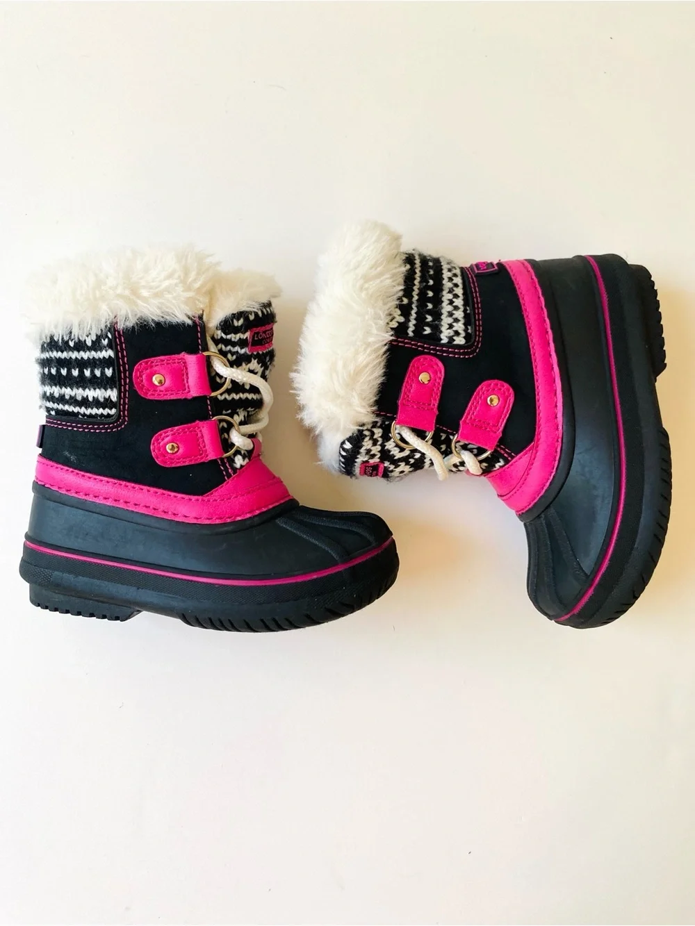 London Fog Lil Tottenham Girls Winter Snow Boots Black/Pink Faux Fur Toddler 7